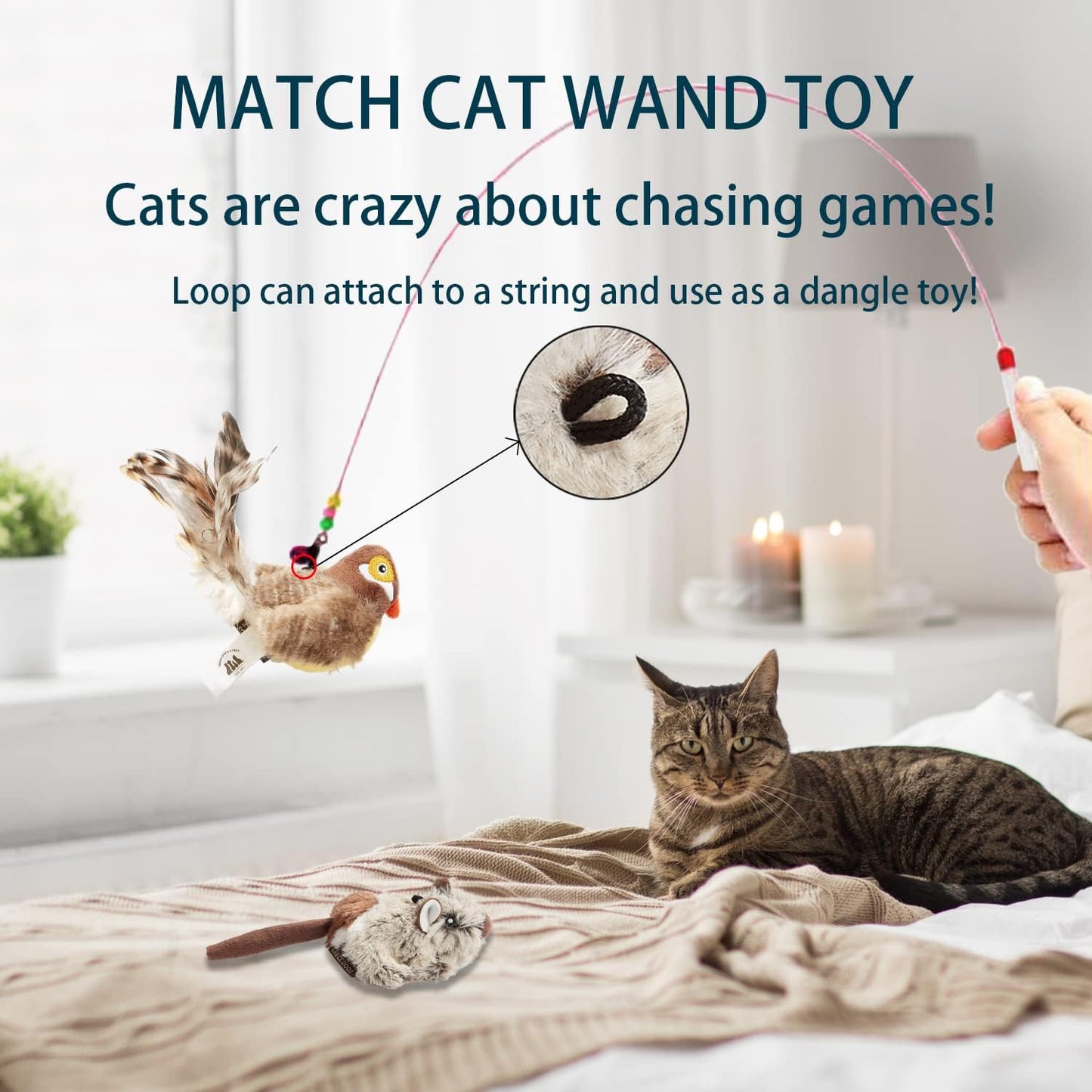 2 Pack Cat Toys Interactive for Indoor Cats Feather Squeaky Bird & Mouse Kitten Plush Toys, Three Dogs & a Cat Melody Chaser Motion Activated Kitty Toys with Bird Chirping