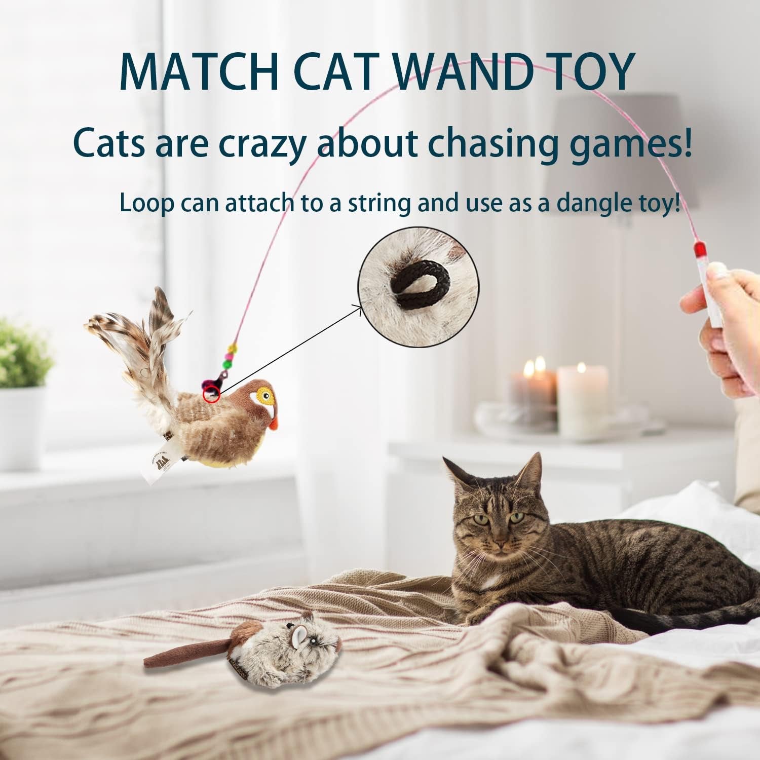 2 Pack Cat Toys Interactive for Indoor Cats Feather Squeaky Bird & Mouse Kitten Plush Toys, Three Dogs & a Cat Melody Chaser Motion Activated Kitty Toys with Bird Chirping
