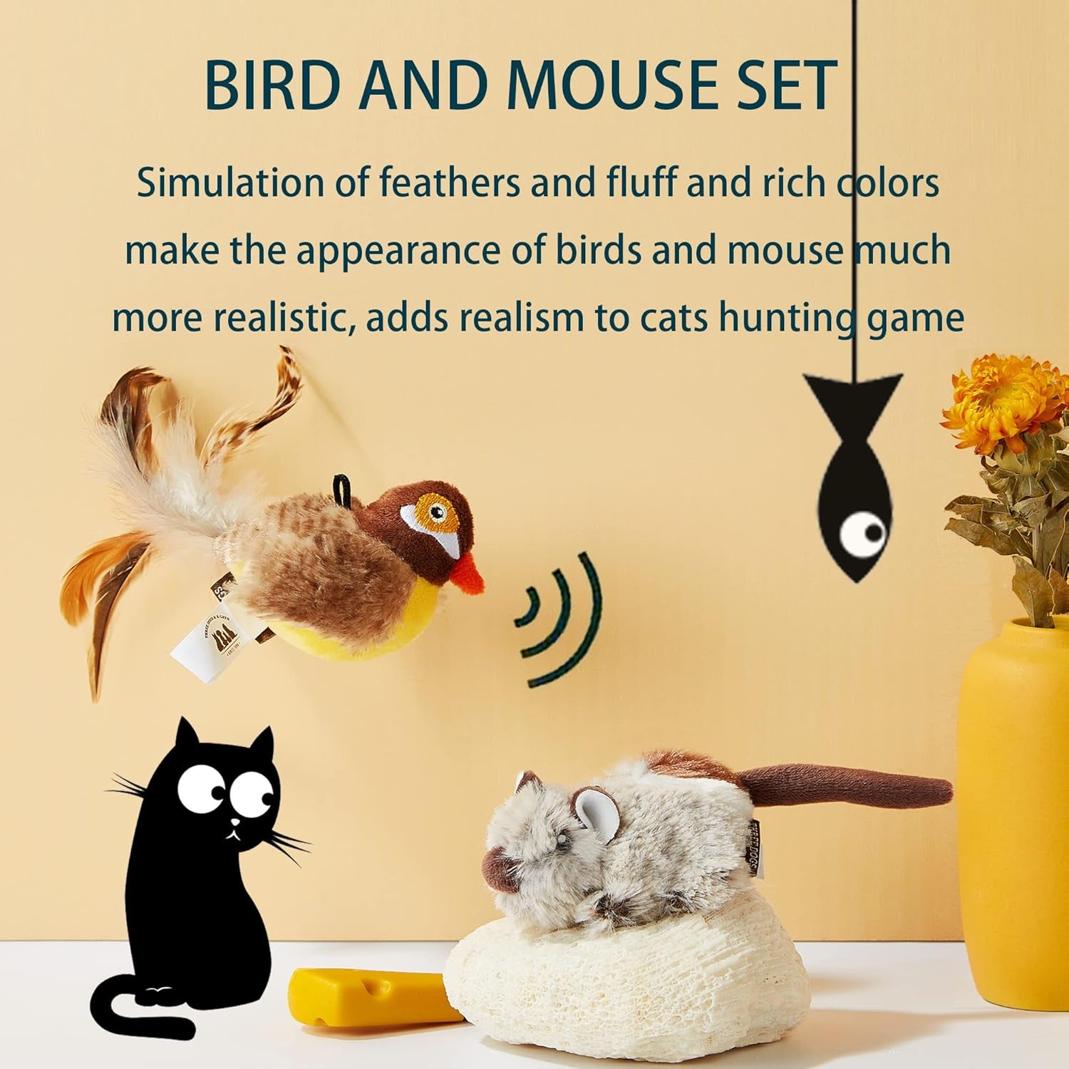 2 Pack Cat Toys Interactive for Indoor Cats Feather Squeaky Bird & Mouse Kitten Plush Toys, Three Dogs & a Cat Melody Chaser Motion Activated Kitty Toys with Bird Chirping