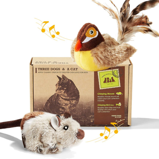 2 Pack Cat Toys Interactive for Indoor Cats Feather Squeaky Bird & Mouse Kitten Plush Toys, Three Dogs & a Cat Melody Chaser Motion Activated Kitty Toys with Bird Chirping